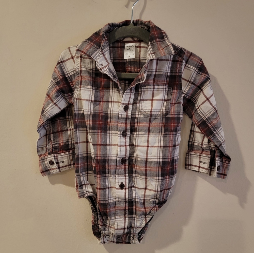 Carters plaid 18 months shirt button down onesie rust grey